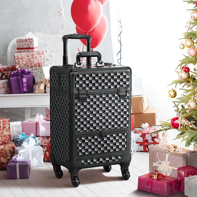 Yaheetech Rolling Makeup Train Case with a Drawer Nail Trolley Black/Red