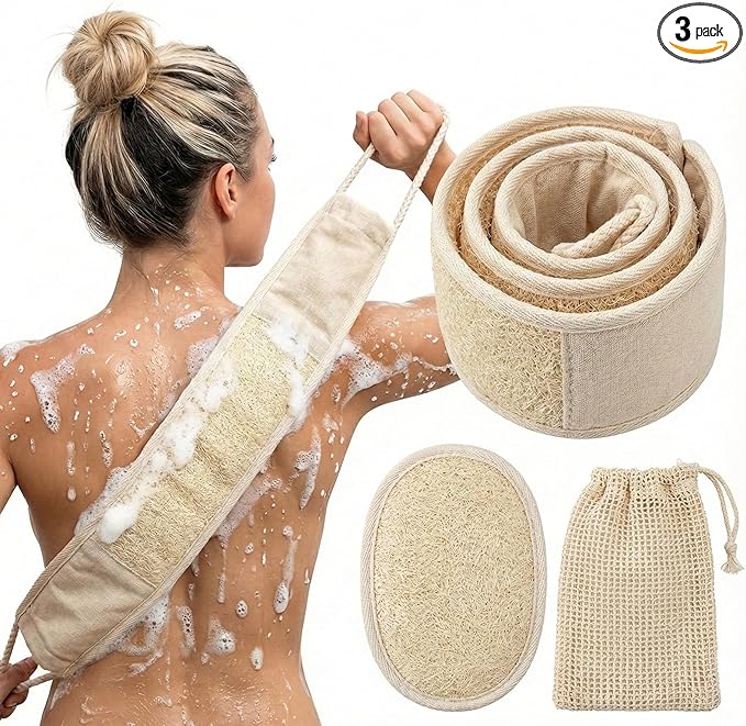 Natural Loofah Back Scrubber for Shower, Back Loofah for Women and Men, Exfoliating Loofah Sponge with Soap Bag, 3-pcs