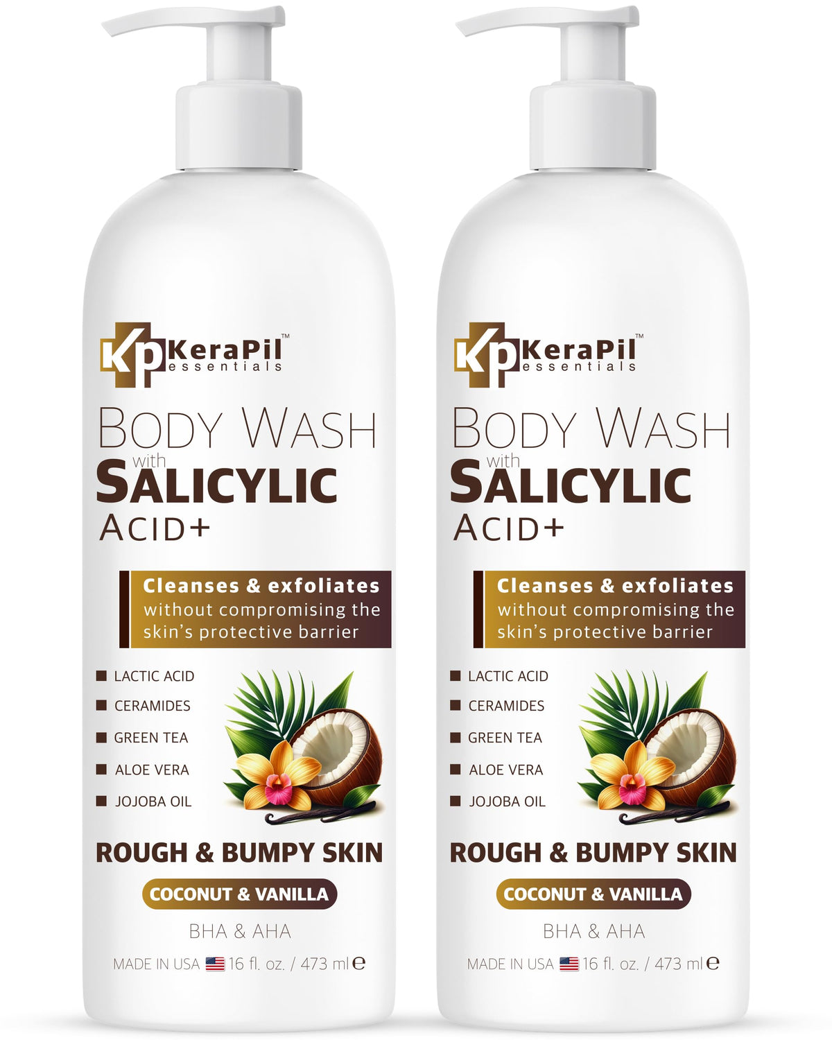 KERAPIL Salicylic Acid Body Wash for Rough & Bumpy Skin | Exfoliating Body Wash to Help Smooth Skin Texture | Salicylic Acid, Lactic Acid & Ceramides | 16 fl oz