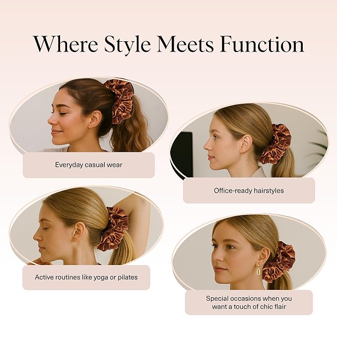 Kitsch Recycled Satin Ruffle Scrunchie – Gentle Hair Scrunchie for Women, Eco-Friendly Hair Tie No Damage, Stylish Ponytail Holder - Camel