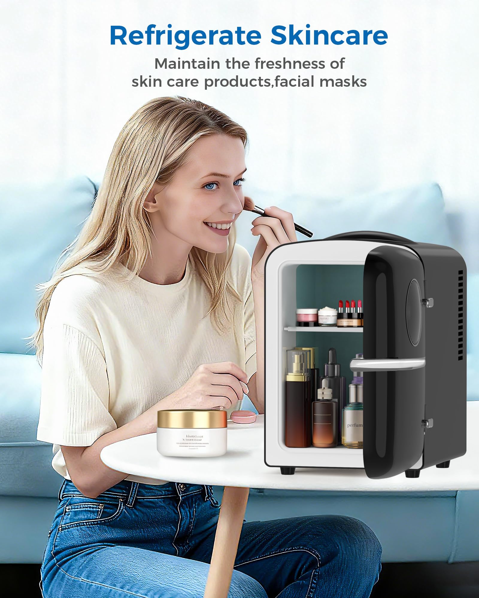 Electactic Mini Fridge for Skincare, 4L/6 Cans Small Cosmetic Fridge for Makeup & Drink, With Observation Window, Portable Desk Fridge Cooler and Warmer for Kids, Bedroom, Countertop, Black