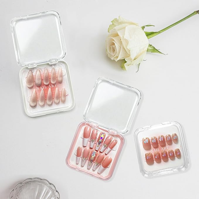 9 Pcs Press On Nail Storage Box in 3 Colors, Acrylic Fake Nail Case with 9 Display Cards and 2 Sheets of Double-Sided Adhesive Tape (20 Strips) for Nail Art Home Salon Packaging Use