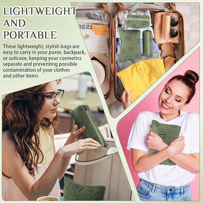 Huhumy 3 Pcs Makeup Bag Set for Women Corduroy Cosmetic Pouch Aesthetic Smile Travel Toiletry Bag Cute Purse Pouch Pencil Case Makeup Brushes Storage Organizer with Zipper(Army Green,Smile Face)