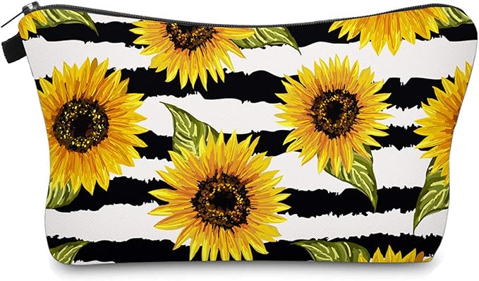 Aiphamy Cute Travel Makeup Bag Cosmetic Bag Small Pouch Gift for Women (Stripes Sunflowers)