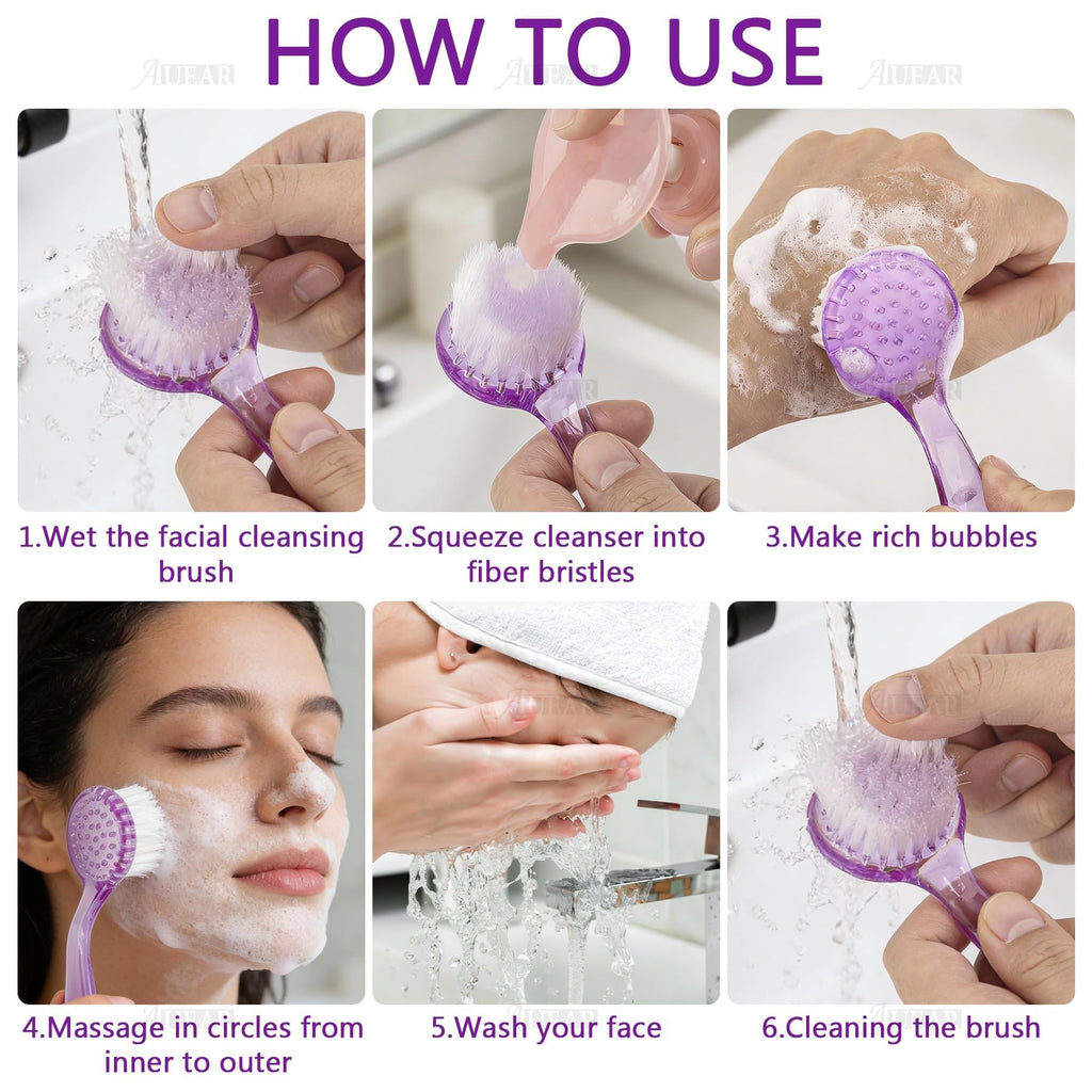 AUEAR, 4 Pack Face Brush for Cleansing and Facial Cleaning with Cap for Women and Girls Wash Makeup Massaging