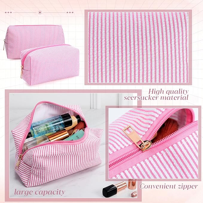 Sanwuta 6 Pcs Seersucker Cosmetic Bags Bulk Seersucker Makeup Bags Stripe Women Pouch Large Preppy Storage Pouch Toiletry Travel for Wedding Bridesmaid Bride Favor Back to Teacher Gift (Pink)