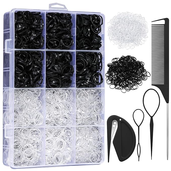 2200 Pcs Elastic Hair Bands with Hair Loop Styling Tool Set, Clear and Black Elastic Hair Ties with Rubber Band Cutter Organizer Box Hair Accessories for Toddler Baby Girl Women