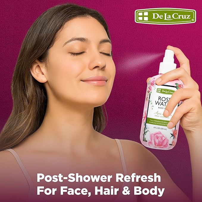 De La Cruz Pure Rose Water Body Mist,Rosewater Spray for Face, Skin & Hair, Rose Toner & Rose Water for Hair Alcohol Free, Paraben Free 8 fl oz (3 Bottles)