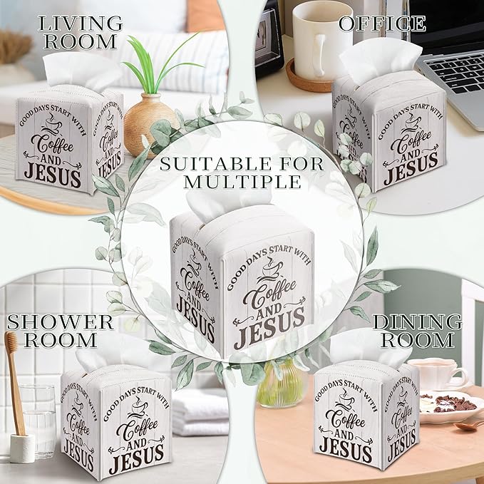 Coffee Bar Tissue Box Cover Square, Good Days Start with Coffee and Jesus Waterproof Leather Tissue Box Holder, Farmhouse Paper Facial Tissue Box Covers Cube for Office Home Cafe Station
