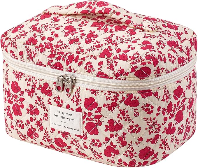 uekeboag Large Travel Quilted Makeup Bag for Women, Floral Cotton Cosmetic Bag, Coquette Aesthetic Floral Toiletry Organizer Bag(Hot pink