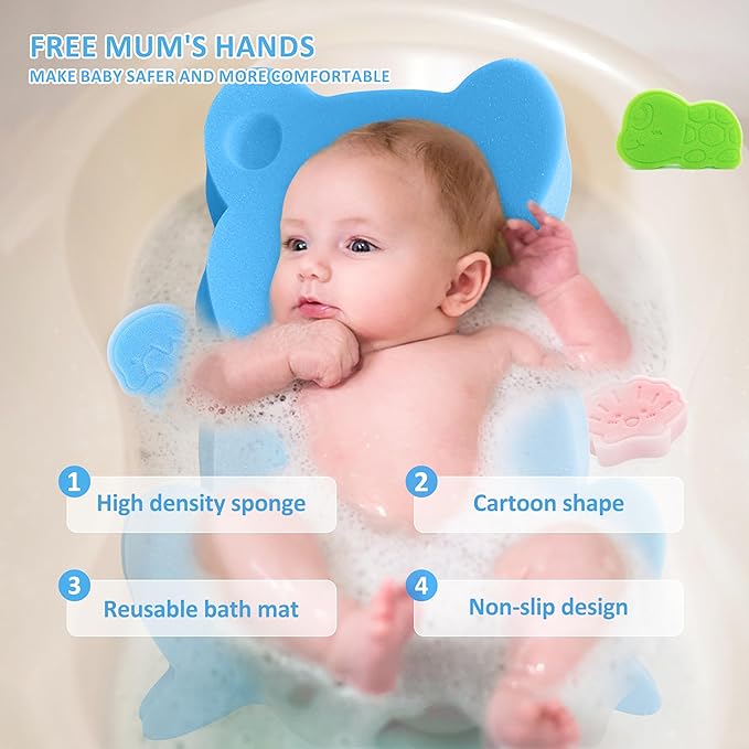 Baby Bath Sponge, Infant Comfy Soft Bath Sponges Mat, Natural Cute Shapes Skid-Proof Bathing Cushion for Toddler & Newborn, 4pcs Shape Style: Blue Dolphin, Pink Shell, Green Turtle and Big Blue Frog