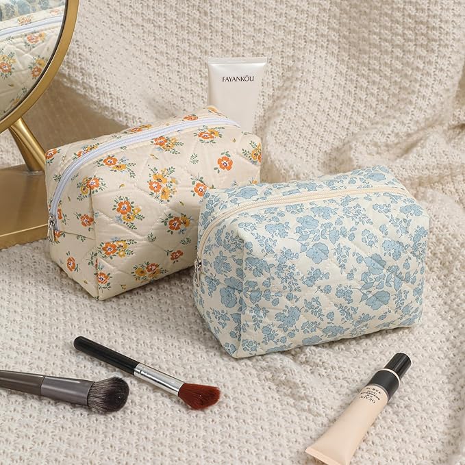 2 Pcs Quilted Cotton Makeup Bag Set, Small Aesthetic Cosmetic Bag with Floral Pattern, Cute Makeup Pouch for Purse, Kawaii Trendy Preppy Travel Toiletry Bag for Women and Girls(21 Blue Flower Set)