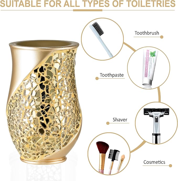 Zahari Home 4pc Sinatra Stylish Bathroom Accessories Set Champagne Gold Soap Dispenser Pump, Tumbler, Tooth Brush Holder and Soap Dish Modern Decor Bling Mosaic Glass Gold Bathroom Accessories