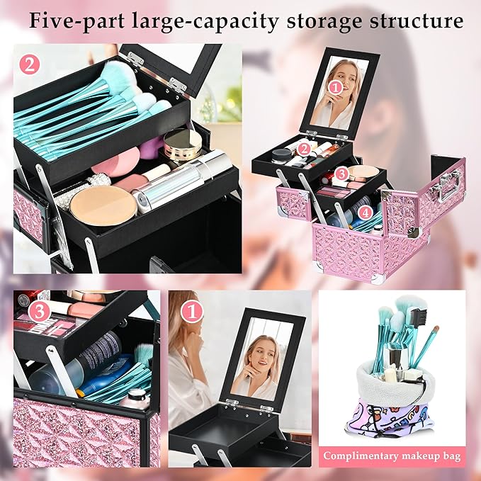 GALHUBIS Makeup Case Organizer,Makeup Train Case, Trays Cosmetic Box Portable, Profesional for Salon Barber,Pink