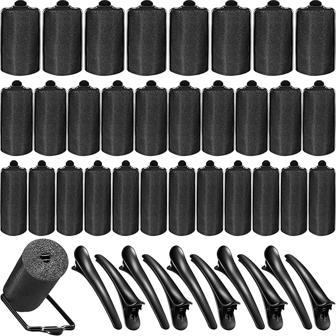 40 Pieces Sponge Hair Rollers Satin Rollers Silk Foam Rollers Women Hair Curlers with Duck Teeth Clips for Hairdressing Styling(Multi-size,Black)