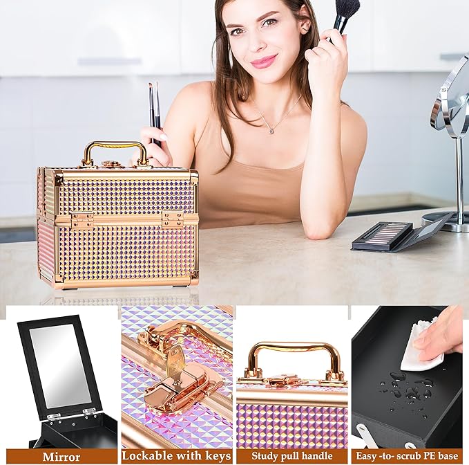 GALHUBIS Makeup Case Organizer,Makeup Train Case, Trays Cosmetic Box Portable, Profesional for Salon Barber, Colorful Pink