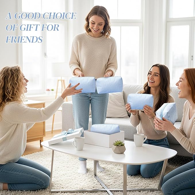 Sanwuta 12 Pcs Seersucker Cosmetic Bags Bulk Seersucker Makeup Bags Stripe Women Pouch Large Preppy Storage Pouch Toiletry Travel for Wedding Bridesmaid Bride Favor Back to Teacher Gift (Light Blue)
