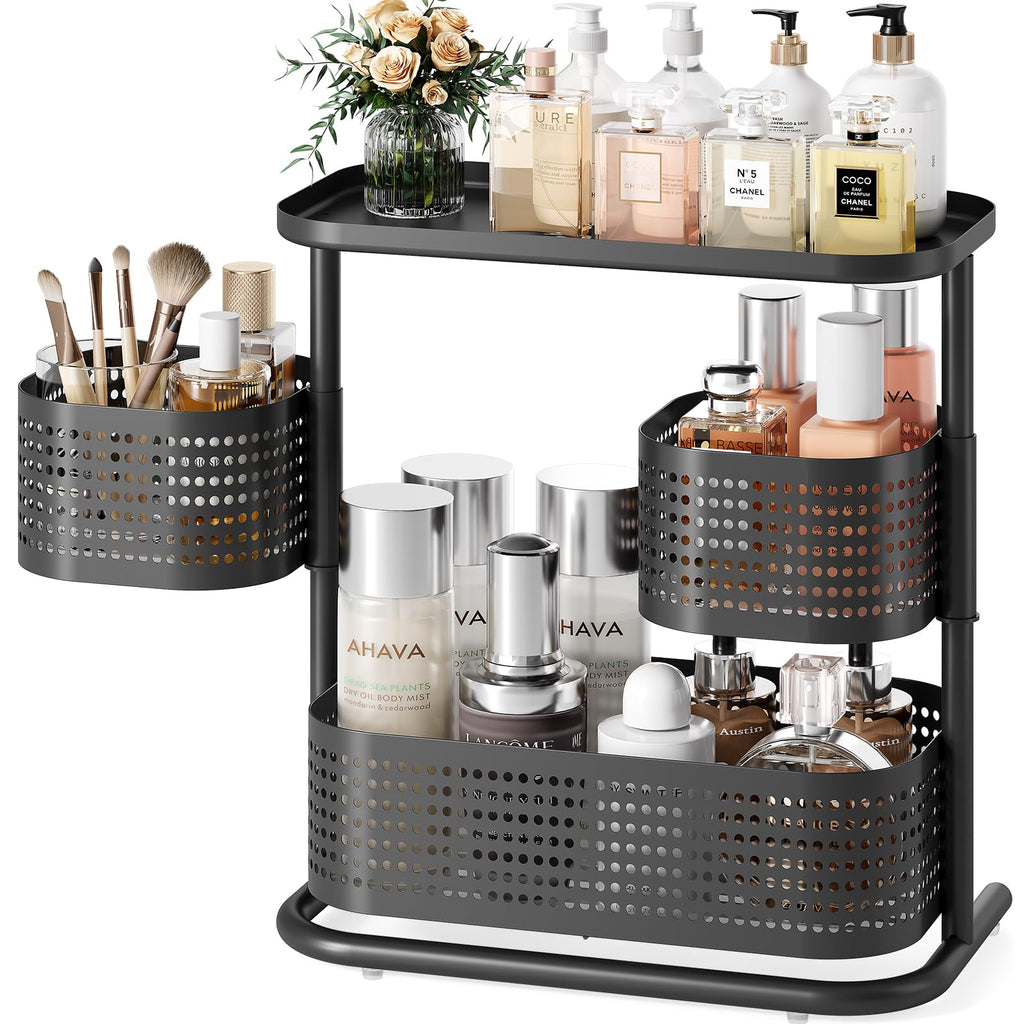 KINGRACK Metal Bathroom Counter Organizer，Rotating Countertop Storage Shelf | 3 Tier, Cosmetic Holder for Skincare & Makeup, Kitchen Spice Rack, Bedroom Nightstand Organizer, Black