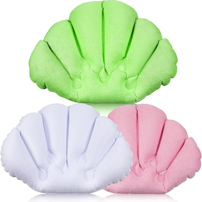 3 Pieces Inflatable Bath Pillow with Suction Cups, Terry Cloth Covered Shell Shape Bathtub Spa Pillow Comfortable Soft Cushion, Neck Support(Pink, White)