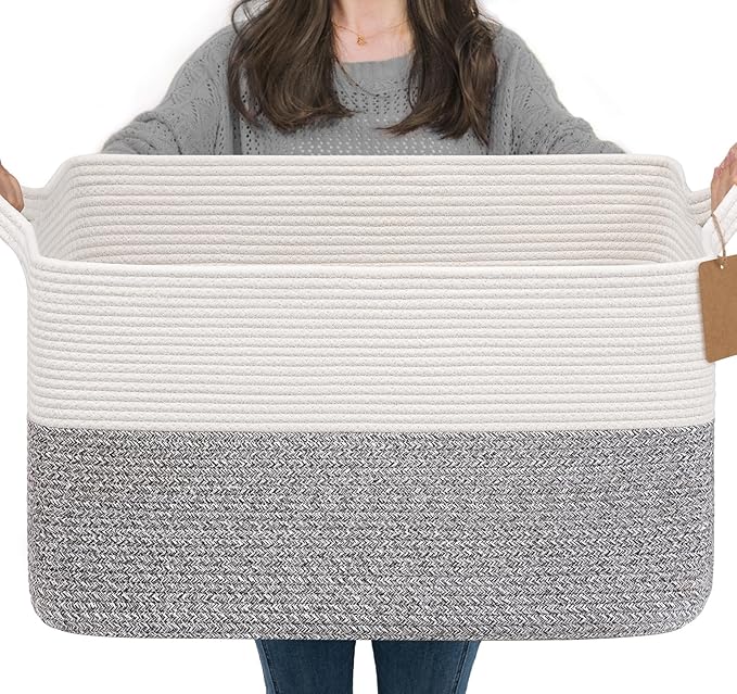 Goodpick Extra Large Woven Rope Storage Basket, Rectangle, Light Gray