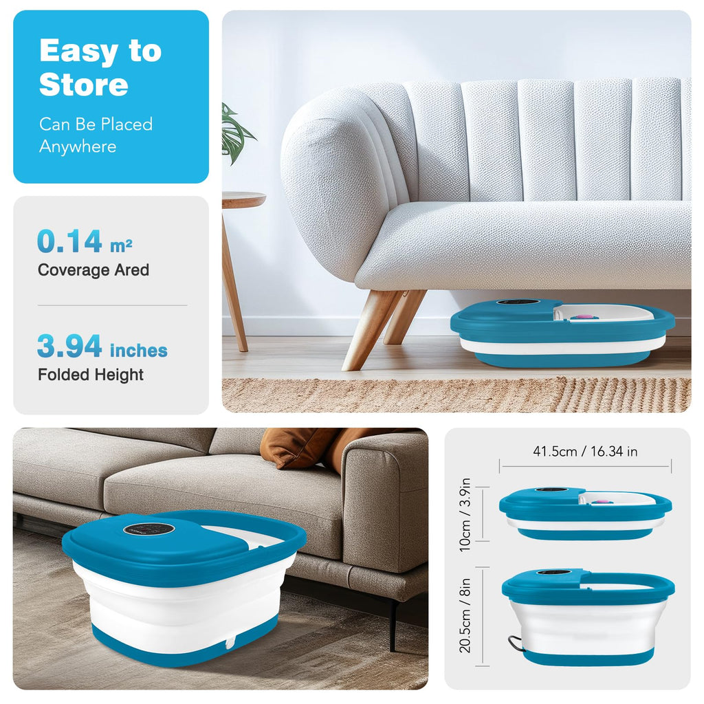 KNQZE Collapsible Foot Spa Bath with Heat & Bubble, Foot Soaking Tub with Timer and Red Light, 16 Rollers & Pumice Stone, Enjoy Warm Water Foot Bath, Gift for Wife and Mom, Blue