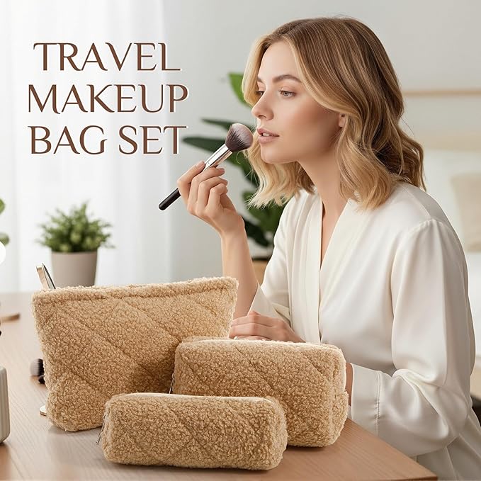 Paterr 3 Pcs Quilted Makeup Bag Set Back to School Favor Small Bridesmaid Cosmetic Bag Aesthetic Travel Pouch Cute Purse Pencil Case Makeup Storage Organizer for Women Birthday Gift(Fuzzy,Khaki)