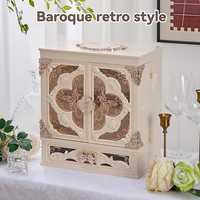 Makeup Box Organizer with LED Mirror Vintage Cosmetic Storage Cabine White