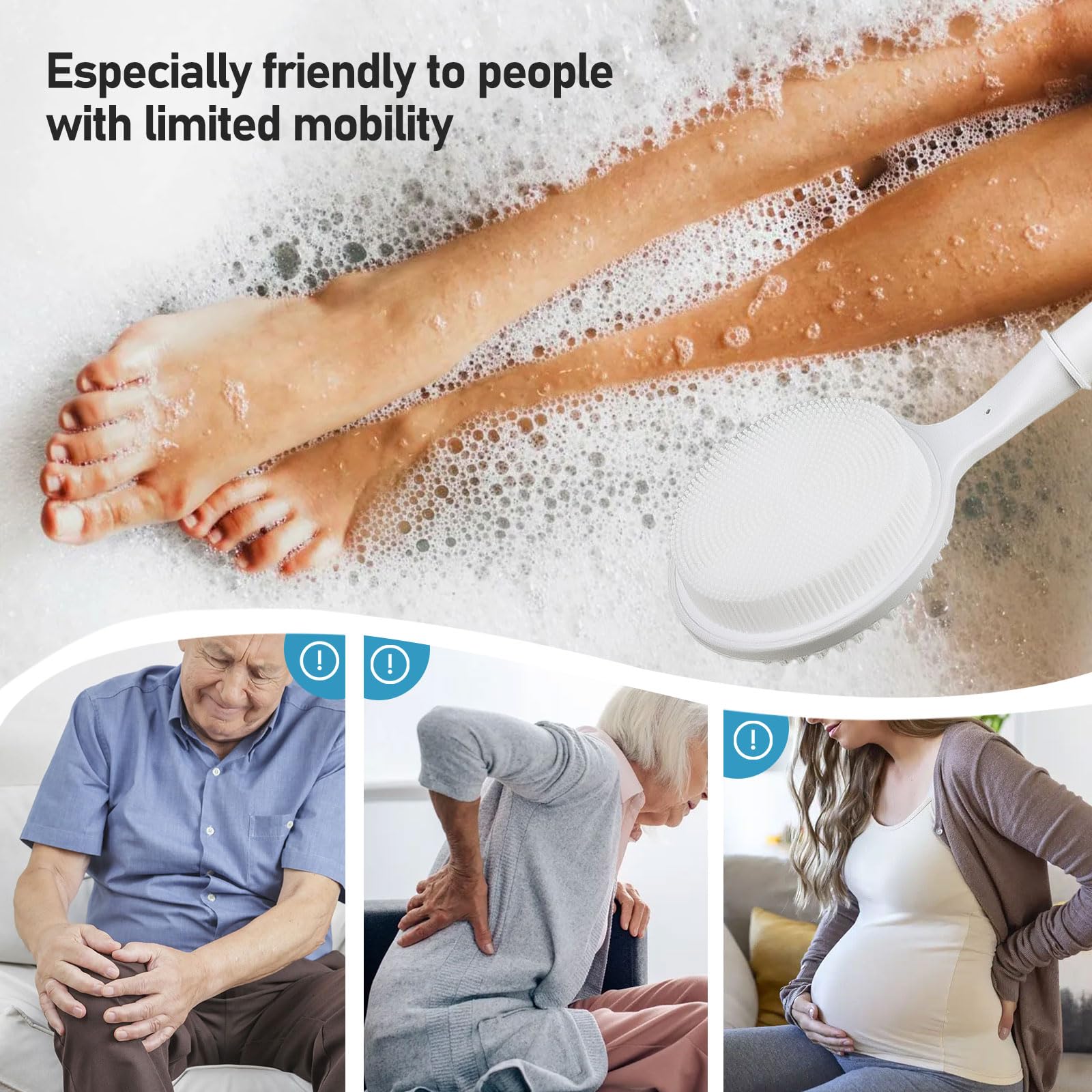 OZNER 24 Inches Silicone Back Scrubber for Shower - Extendable Long Handle Shower Brush with Dual-Sided Bristles - Exfoliating Body Scrubber for Sensitive Skin - Perfect for Men & Women (White)