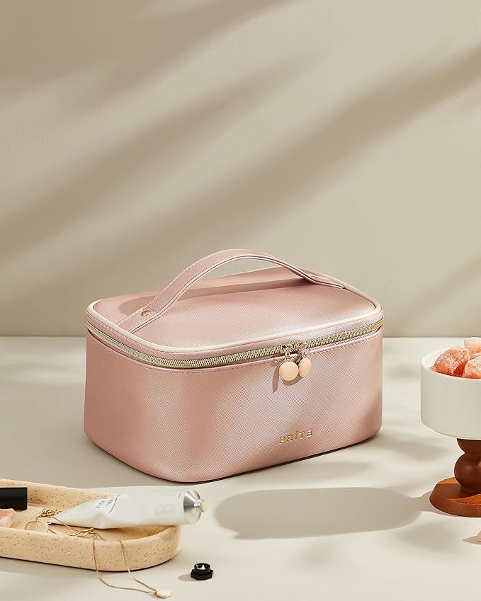 Prite Makeup Bag, Large Capacity Cosmetic Bag for Women and Girls, Waterproof PU Leather Travel Makeup Case, Toiletry Organizer with Handle and Divider for Skincare and Brushes - Pearl Pink