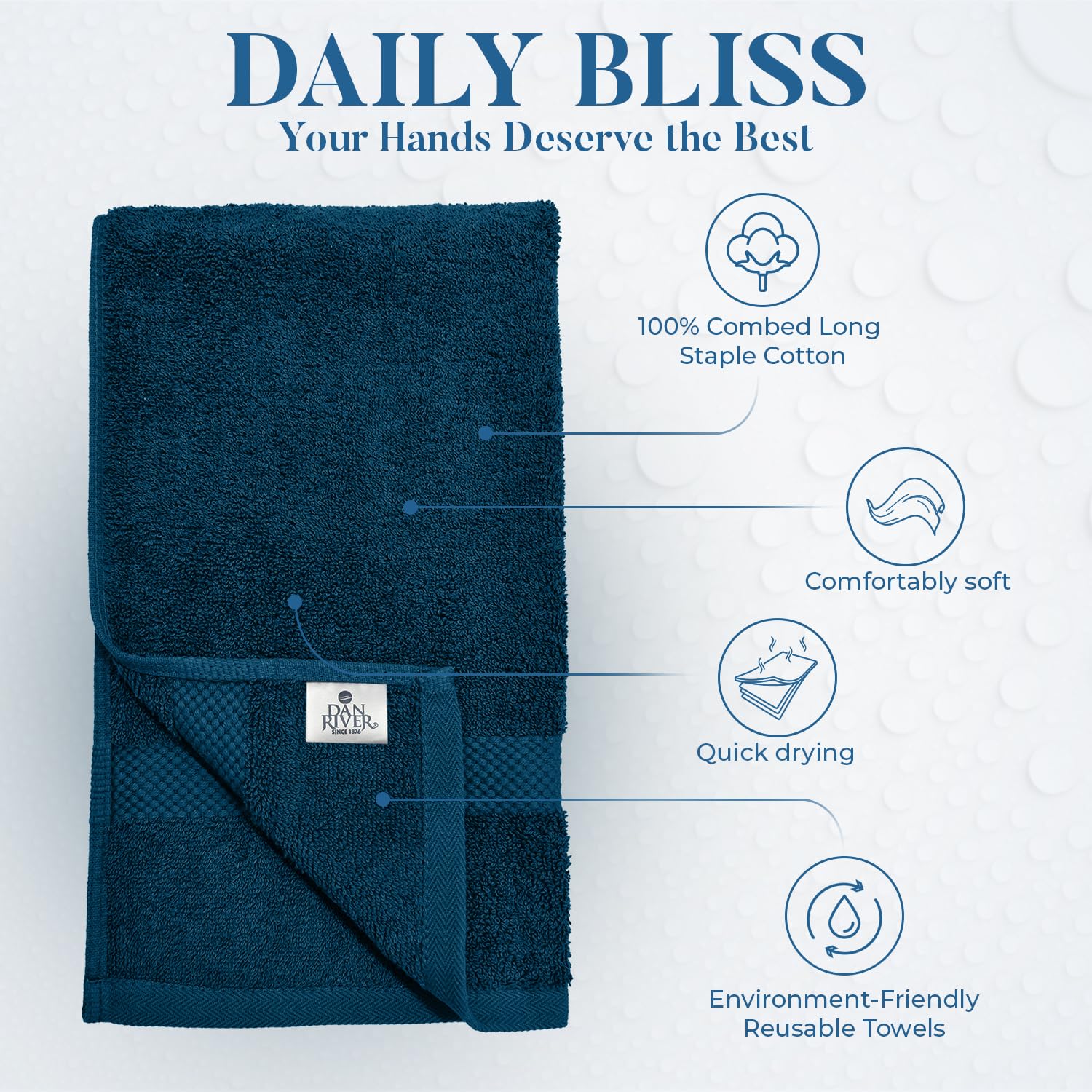 DAN RIVER 6-Pack Premium Hand Towels (16x28 Inches) - 100% Cotton, Ultra Soft, Lightweight, Highly Absorbent Towels for Bathroom, Spa, Gym, Salon, Hotel, and Travel - Opal Blue
