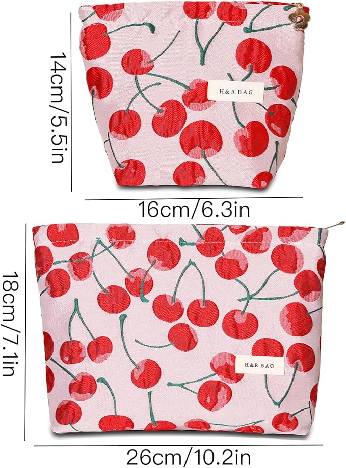 BOCGRPU Make up Bag 2 Piece Set, Aesthetic Cherry Print Cosmetic Travel Bag for Purse, Cute Vintage Floral Toiletry Pouch, Lightweight Spacious Skincare Organizer Gifts for Women Girls