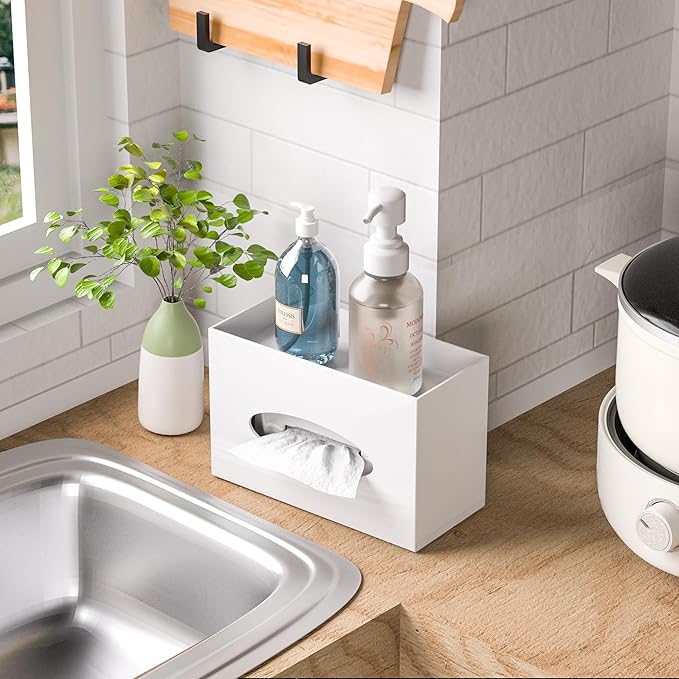 Hongtuocb White Acrylic Tissue Box Cover Rectangular,Acrylic Tissue Dispenser with Storage Tray for Bathroom Kitchen Home Office(White, 9.85x4.5x6.3)