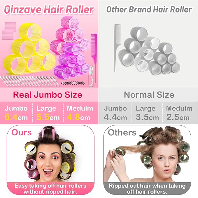 41 Pcs Jumbo Hair Curlers Rollers with Clips Big Hair Rollers with 3 Sizes 64mm 55mm 48mm, Self Grip Hair Roller for Long Medium Short Thick Thin Bangs Volume, Hair Roller with Comb Braid Tool
