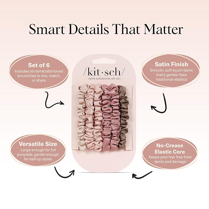 Kitsch Satin Scrunchies for Women - No Crease Hair Ties for Girls | Scrunchies For All Hair Types and Textures, Perfect for Day or Night - 6 Pcs, Terracotta