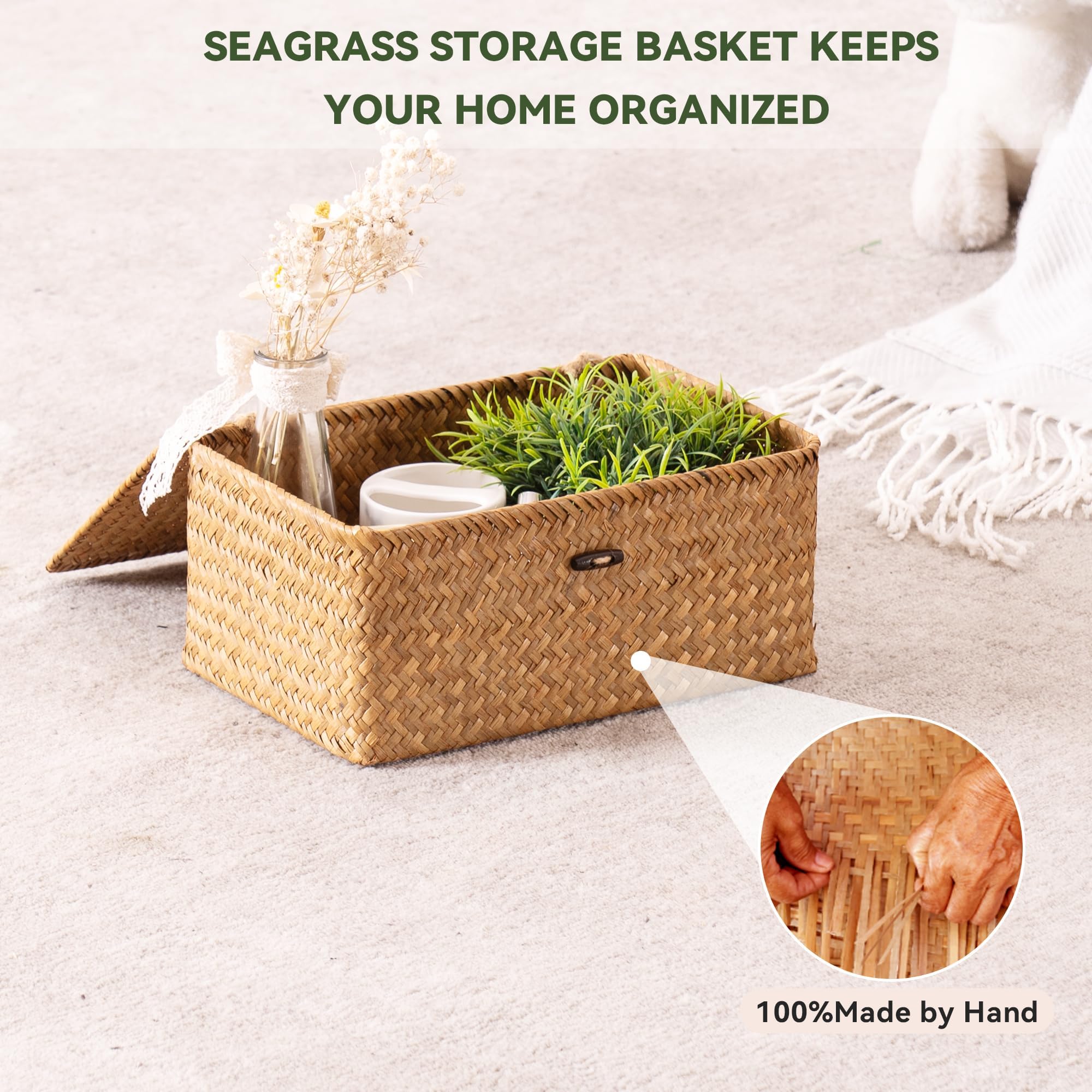 Nonam Storage Basket with Lid, Natural Seagrass Bin with Lid Set of 3, Shelf Baskets Multipurpose Container for Boho Decoration, Rectangular Household Storage Boxes for Home Organization-Natural