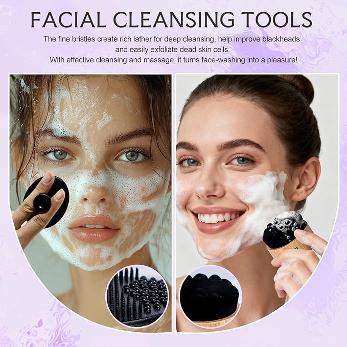 BS-MALL Silicone Facial Cleansing Brush Kit – Bamboo Face Scrub Brush with Silicone Storage Bag for Deep Cleaning, Exfoliation & Pore Cleansing – Travel-Friendly Sensitive Skin Care Tool