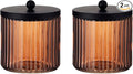 KMwares 2-Pack Glass Qtip Holder Dispenser Set for Cotton Ball, Swab, Round Pads, Floss Picks with Matte Black Metal lid - Bathroom Canister Storage Organization and Vanity Makeup Organizer (Brown)