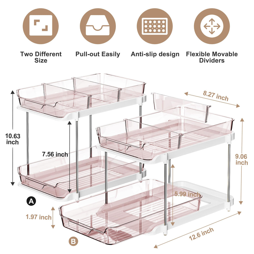Delamu 2-Tier Multi-Purpose Bathroom Under Sink Organizers and Storage, Stackable Kitchen Pantry Organization, Pull Out Medicine Cabinet Organizer with Movable Dividers, Light Pink, 2 Pack