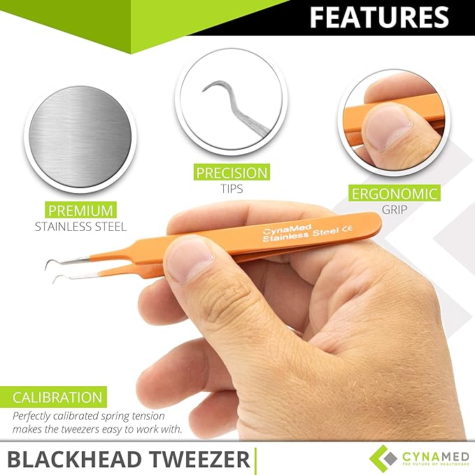 Blackhead Tweezer - Professional Curved Steel Tip Surgical Comedone & Splinter Extractor. Ideal Blemish & Acne Remover Tool Means Flawless Facial Skin (Orange)