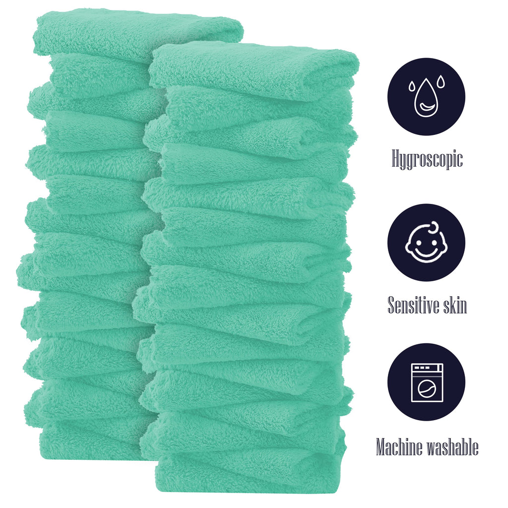 32 Pack Baby Washcloths - 10x10 Inch, Coral Fleece - Extra Absorbent and Soft Wash Clothes for Newborns, Infants and Toddlers - Suitable for Sensitive Skin and New Born - Baby Shower - Aqua Green