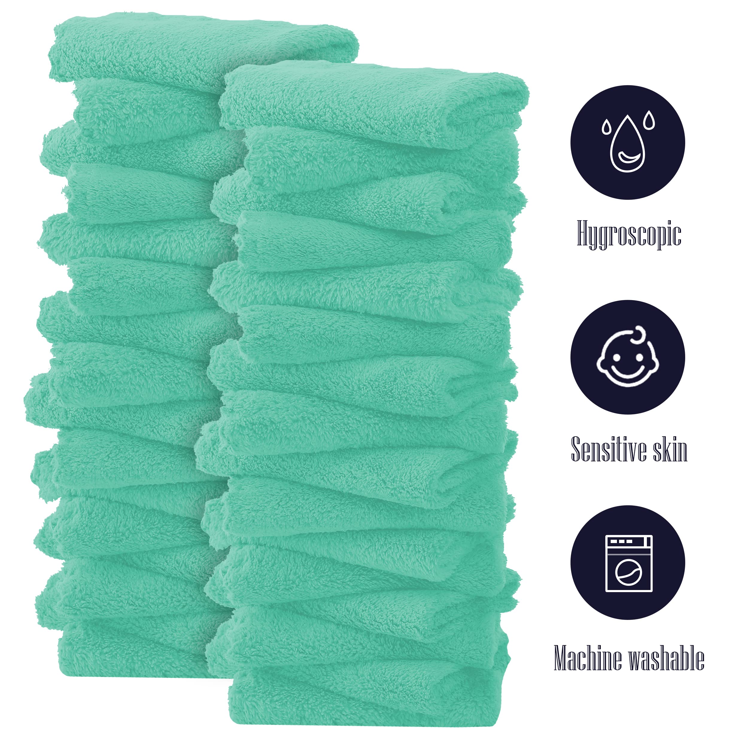 32 Pack Baby Washcloths - 10x10 Inch, Coral Fleece - Extra Absorbent and Soft Wash Clothes for Newborns, Infants and Toddlers - Suitable for Sensitive Skin and New Born - Baby Shower - Aqua Green