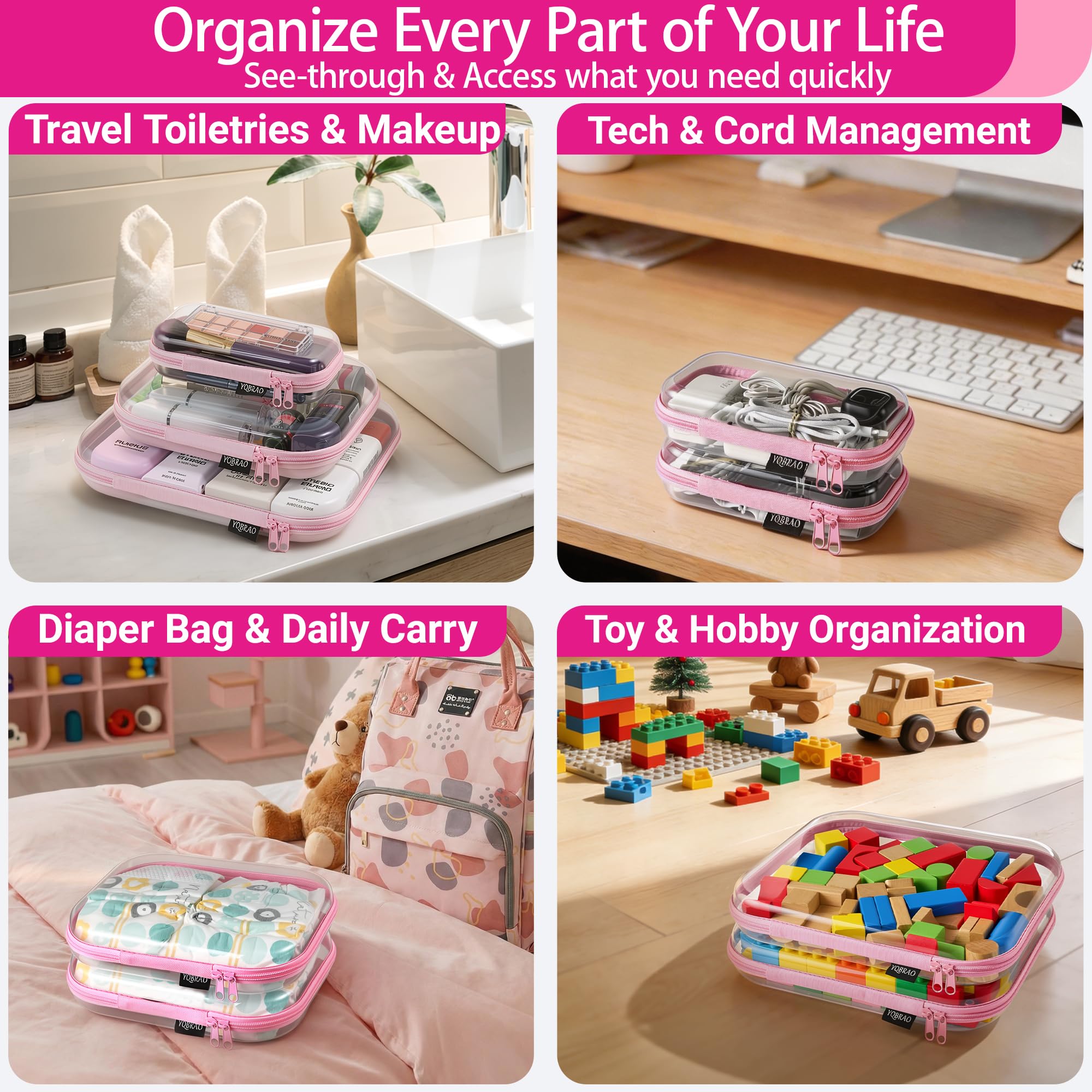 YQBRAO 4-Pack Clear Hard Shell Zipper Case, 1.2mm Ultra-Thick Diaper Bag Organizer Pouches, Rigid Self-Standing Travel Makeup Bags with YKK Zippers, TSA Approved, Pink