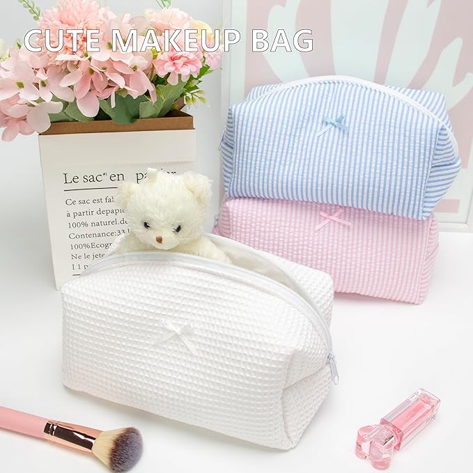 PAZIMIIK Cozy Makeup Bag for Women,Zipper Cosmetic Pouch,Waffle White