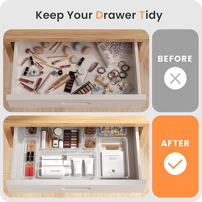 A-LuGei 【Military Grade】 Drawer Organizer,【𝟱𝗦𝗶𝘇𝗲】 Makeup organizer,【Holds 177 Items】 Bathroom Organizers and Storage,Organization and Storage,Desk Drawer Organizer for Vanity【Clear】