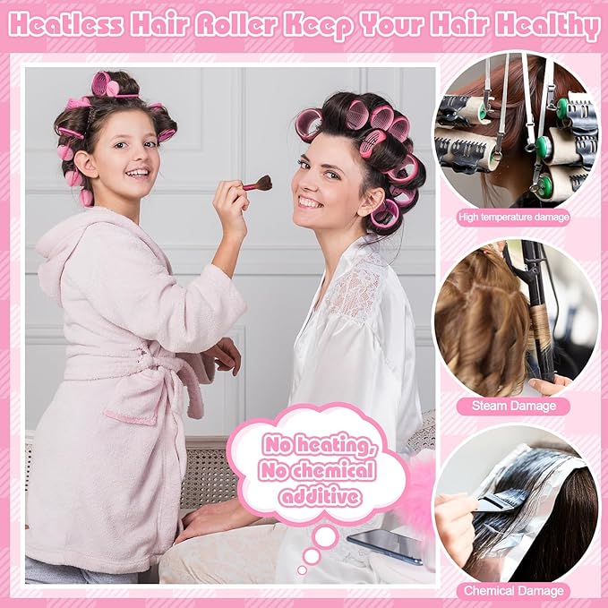 5 Sizes Self Grip Hair Rollers Set, 64 Pcs Rollers Hair Curlers with Clips Comb for Long Medium Short Hair (60 48 40 32 20mm), Pink