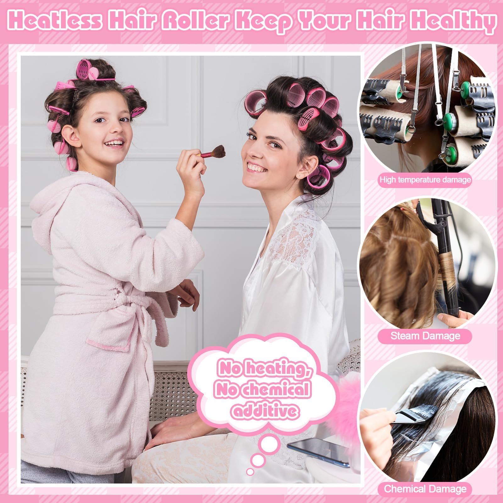 5 Sizes Self Grip Hair Rollers Set, 64 Pcs Rollers Hair Curlers with Clips Comb for Long Medium Short Hair (60 48 40 32 20mm), Pink