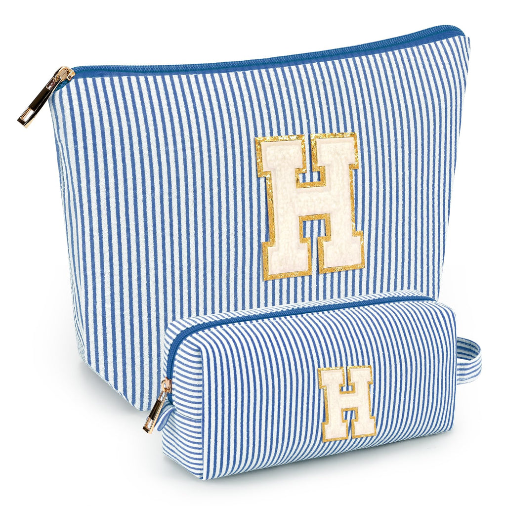 2 PCS Initial Makeup Bags for Women: Cosmetic Bag for Travel Toiletry - Birthday Gifts for 11 12 13 14 15 16 17 18 Years Old Girl Graduation Teacher Gift- Teen Girl Gifts Trendy Stuff - Blue H