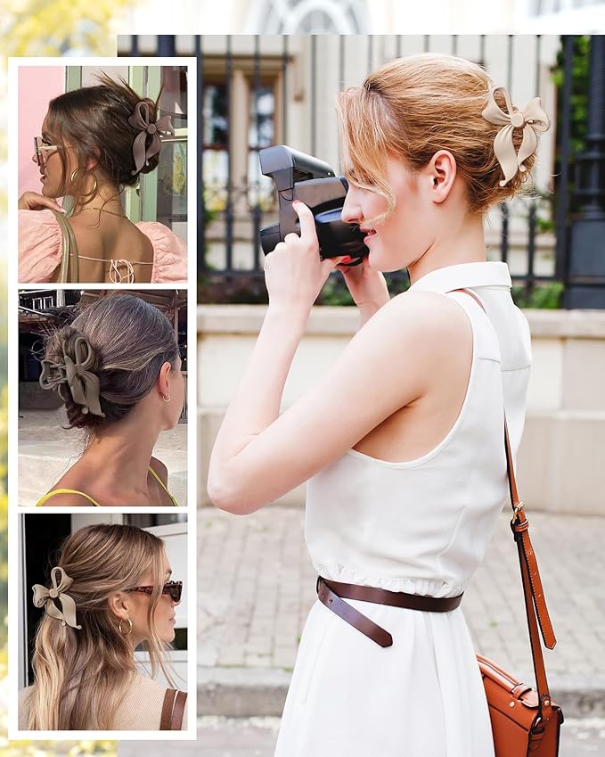 4 PCS Bow Hair Clips Bow Claw Clip for Women, Large Hair Claw Clips for Thin Thick Long Hair Cute Nonslip Bows (Dark khaki+light khaki+Dark Brown+Beige)