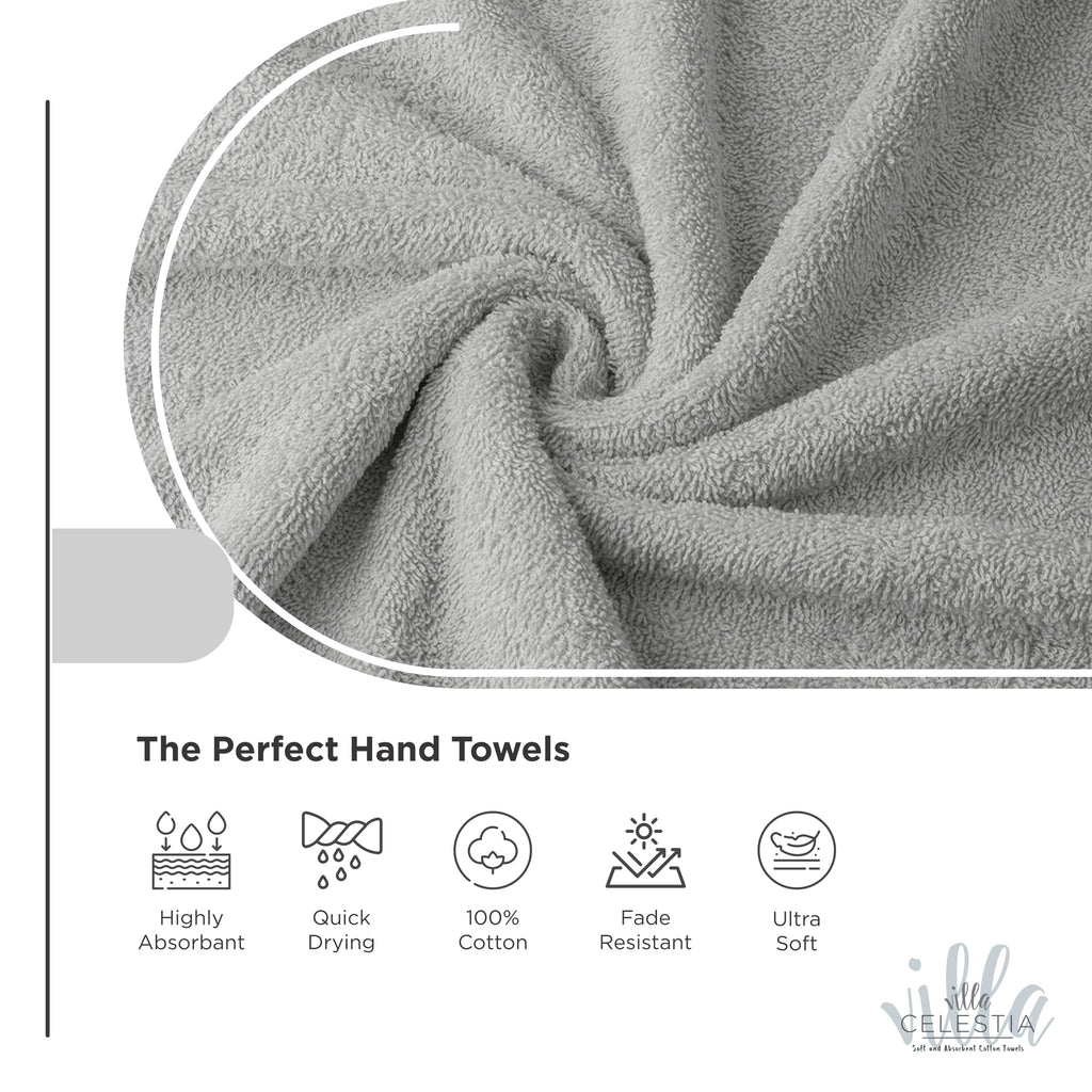 Villa Celestia Cotton Hand Towels Set of 4, 16 x 28, Oeko-TEX Certified, Quick Dry, Silver