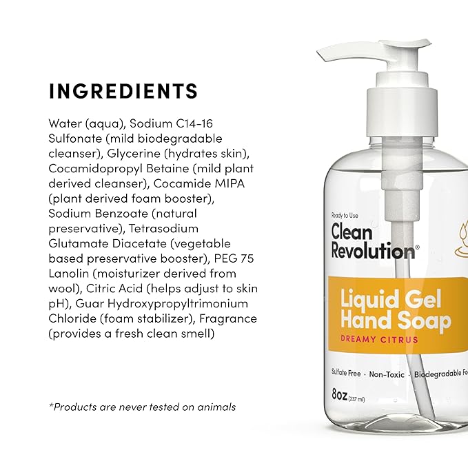 Clean Revolution Liquid Gel Hand Soap, Silky Rich Liquid, Quick Lather, Fast Rinsing, Contains Real Essential Oils (Dreamy Citrus) 8 Fl Oz (Pack of 6)